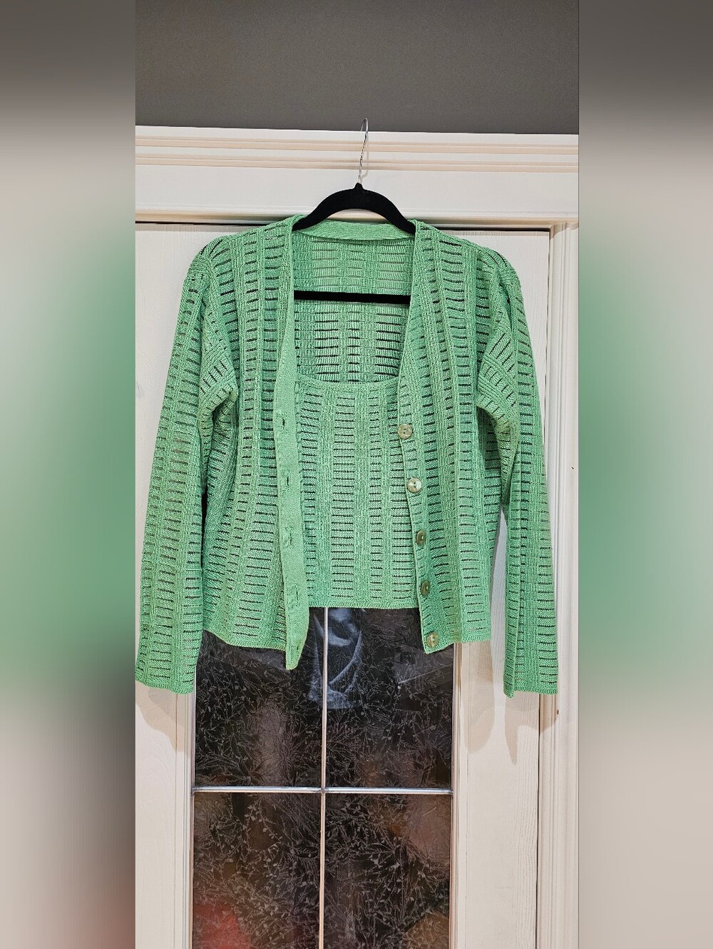 Vintage Green Open-Knit Cardigan and Tank Set